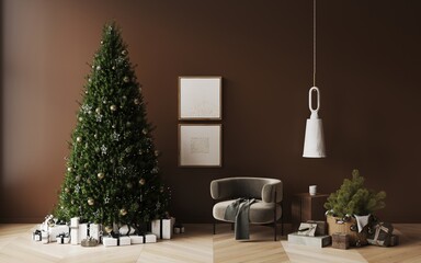 Cozy christmas living room decorated big christmas pine tree, garlands, grey armchair, gifts under the tree. Hanging light. New year's interior. 3d render