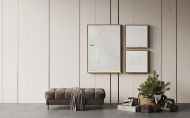 Living room interior wall mock up with christmas pine tree, garlands, gifts under the tree. Art pictures on the wall. Natural oak slat wood panel on the wall. New year's interior. 3d render