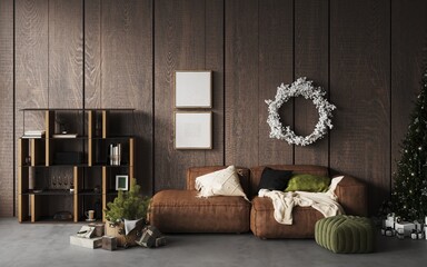 Cozy christmas living room decorated big christmas pine tree, garlands, brown sofa, gifts under the tree, natural oak acoustic slat wood panel on the wall.New year's interior. Green pouf.3d render