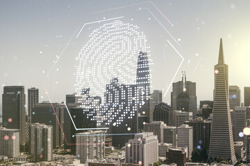 Multi exposure of virtual graphic fingerprint sketch on San Francisco cityscape background fingerprint scan data concept