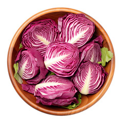 Fototapeta premium top view of radicchio vegetable in a wooden bowl isolated on a white transparent background 