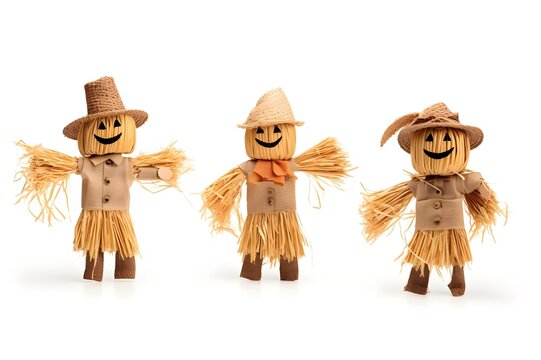 Straw scarecrow photo set, white background, multiple styles, illustrations, Generative AI