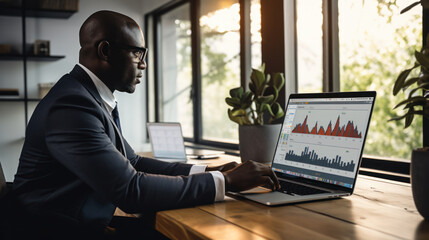 Young African American man in a suit works on a laptop in a modern office. A handsome man works with graphs and analysis. Technology concept, office work.