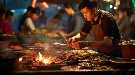 Foto op Canvas Street vendor cooking, vibrant night market, local cuisine © Increasi