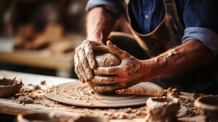 Traditional pottery making, artist at work, hands shaping clay