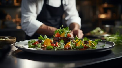 Chef plating gourmet dish, fine dining kitchen, culinary art