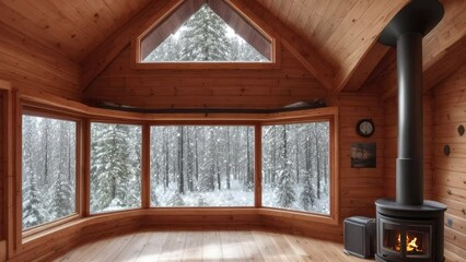 Beautiful window view in cozy house chimney fire place fire burning, wooden wall on the background