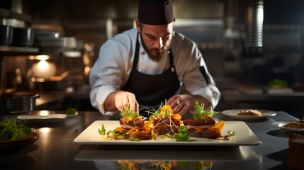 Chef plating gourmet dish, fine dining kitchen, culinary art