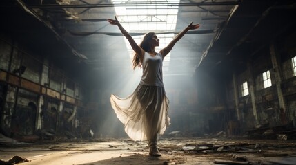 Contemporary dancer in abandoned warehouse, artistic expression, urban decay