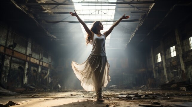 Contemporary dancer in abandoned warehouse, artistic expression, urban decay - Powered by Adobe