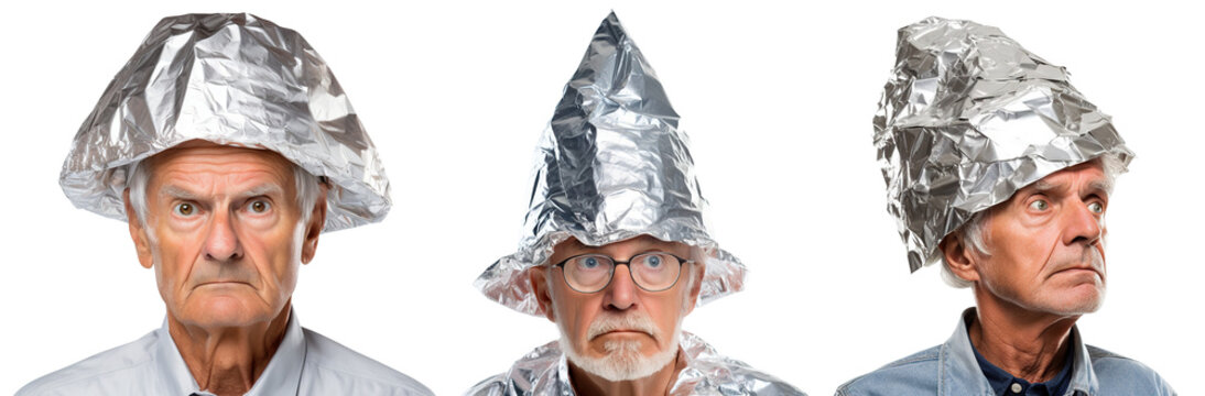 Set of senior men in tin foil hats, cut out
