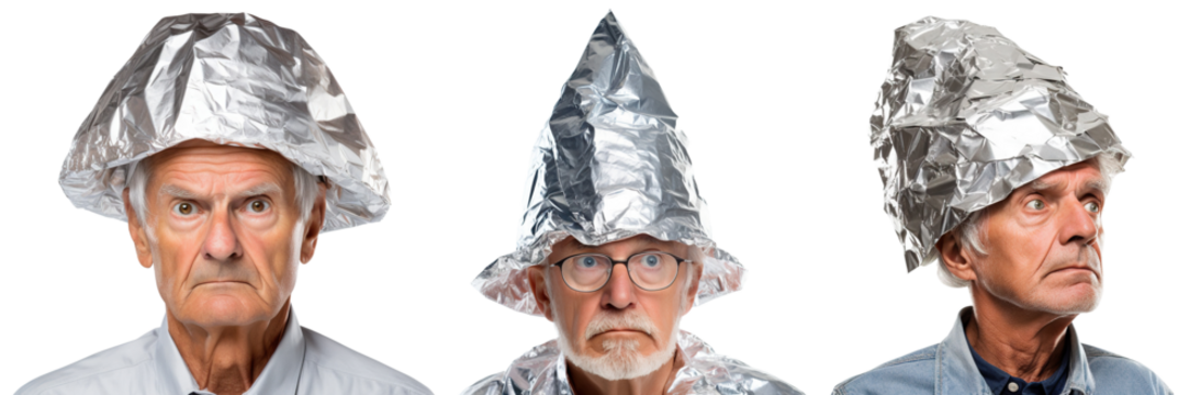 Set of senior men in tin foil hats, cut out