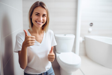 Happy young woman showing thumbs up when toilet cleaning is finished. Toilet and bathroom cleaning