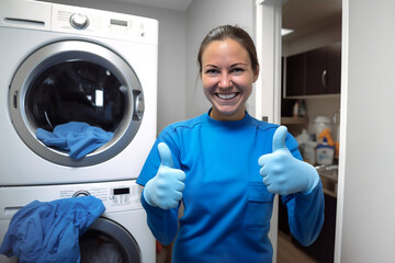 
A happy young woman shows her thumbs up before cleaning. Laundry and cleaning in hotels, nursing homes