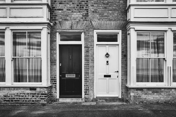 Matt monochrome view of a pair of wooden from doors seen on brick built terraced houses overlooking a seaside position in the UK. The seaside reflection can just be seen in the bay windows.