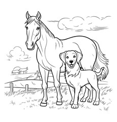 Horse with a dog in the farm coloring page - coloring book for kids
