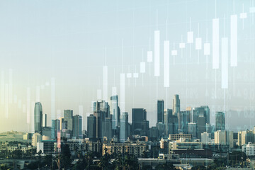 Fototapeta na wymiar Multi exposure of virtual abstract financial diagram on Los Angeles office buildings background, banking and accounting concept
