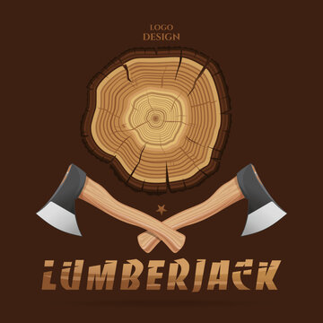Lumberjack logo design. Two crossed lumberjack axes and a felled tree. Vector illustration