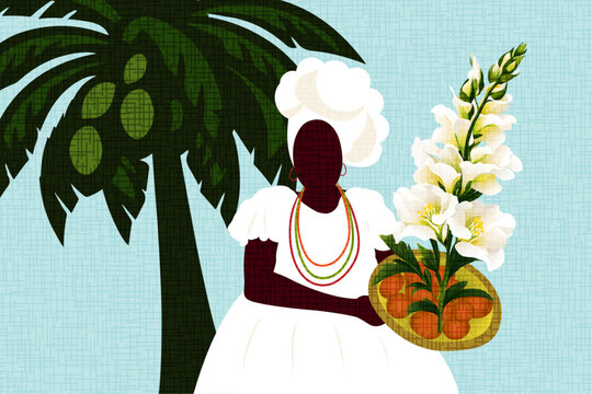 Baiana vestida de branco com sua oferenda para Iemanj&aacute;, ilustra&ccedil;&atilde;o vector.