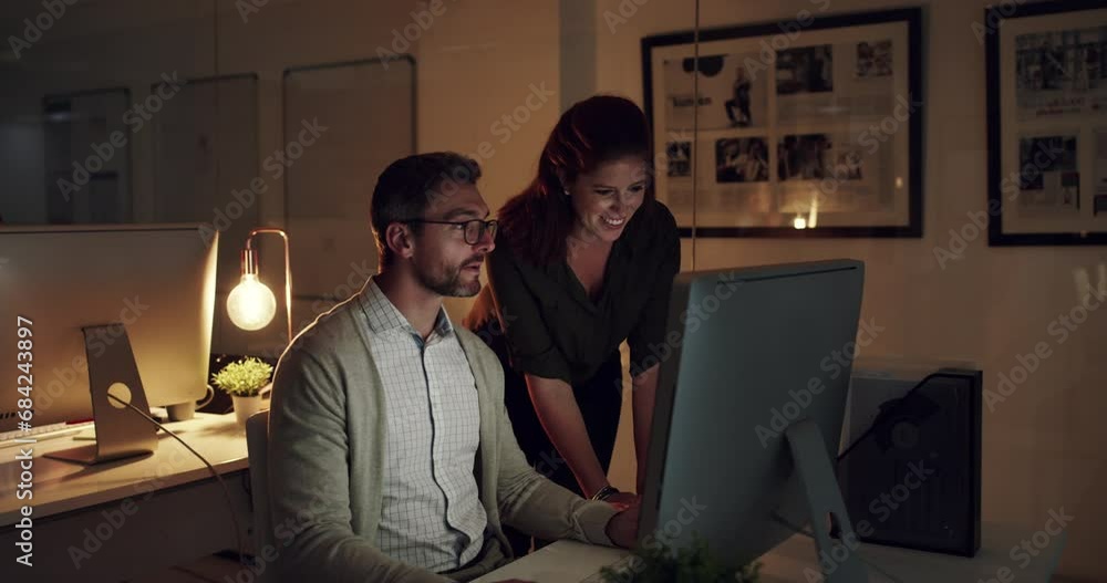 Poster office, coaching and man with woman, night work at computer and coworking together. teamwork, leader