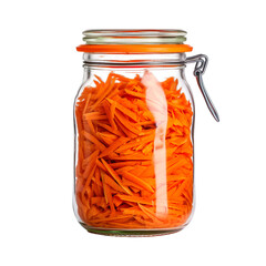 Front view of cut carrots vegetable in a jar isolated on a white transparent background
