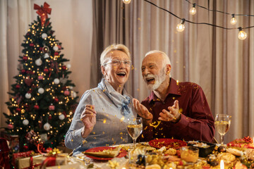 A happy senior couple is celebrating Christmas and new year's eve at dining table at home with...