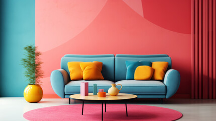 Colorful Pop Art Style Living Room. Playful Vibes with a Blue Sofa and a Round Pink Coffee Table, Set Against a Multicolored Stucco Wall Vibrant Modern Interior Design. 