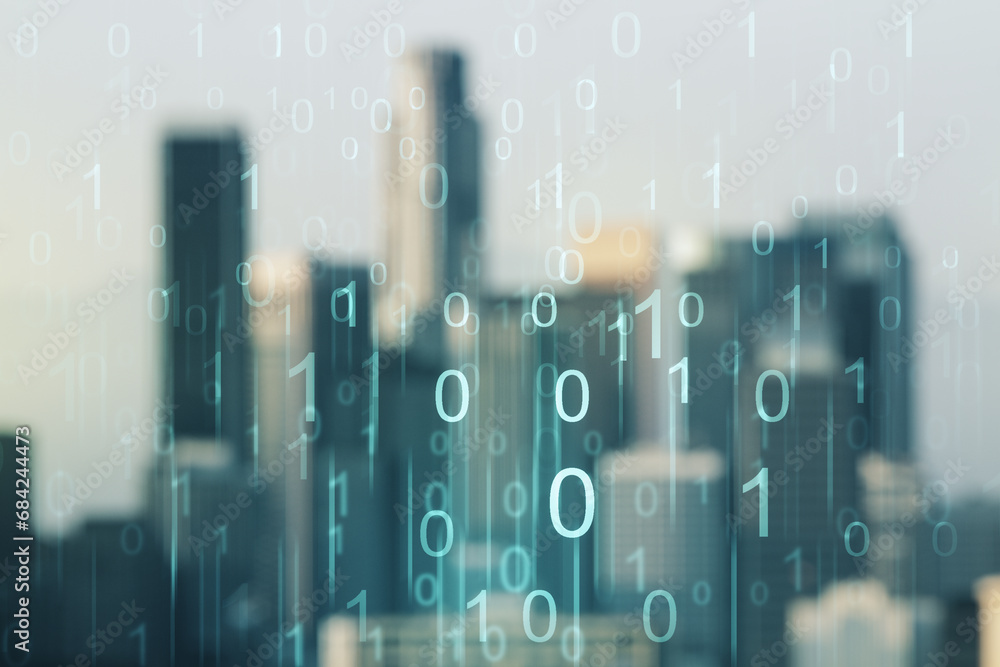 Leinwandbilder abstract virtual binary code hologram on blurry skyscrapers background, ai and machine learning conc