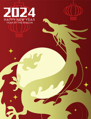 Asian dragon on moon silhouette new year 2024 greetings. Golden dragon shape on red background. Chinese new year of the dragon 2024 vector card. - obrazy, fototapety, plakaty