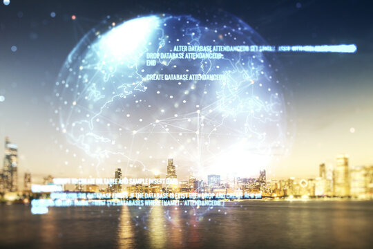 Multi exposure of abstract graphic coding sketch and world map on Chicago cityscape background, big data and networking concept