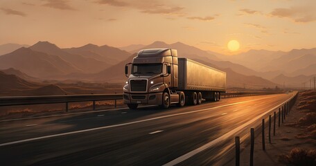 Classic bonneted American semi truck with chrome trim and a refrigerator trailer drive on the straight road in the California fields. AI generated image
