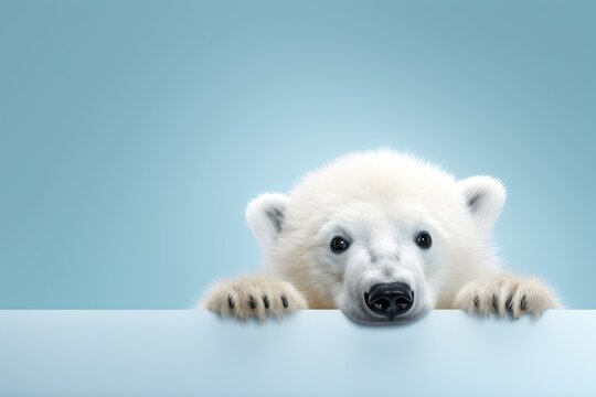 White polar bear stands on paws on ice floe. flat cartoon illustration. North animal. AI generated image