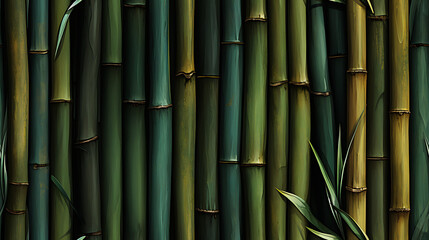 Fototapeta na wymiar A seamless pictrure of green bamboo. in the style of tonal variations in color, dark emerald and light brown, flickr, textured organic forms, piles/stacks - Seamless tile. Endless and repeat print.