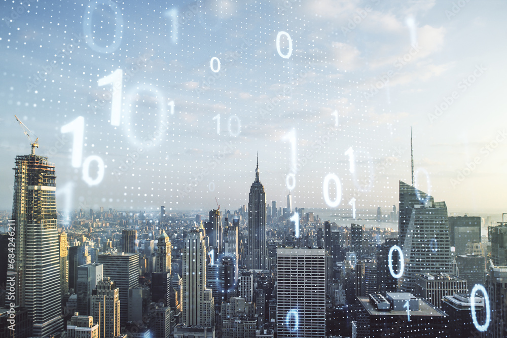 Fototapete double exposure of abstract virtual binary code hologram on new york city skyscrapers background. da