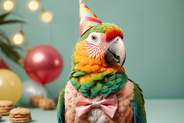 Parrot in necklace, party hat, bow tie isolated on solid pastel background advertising