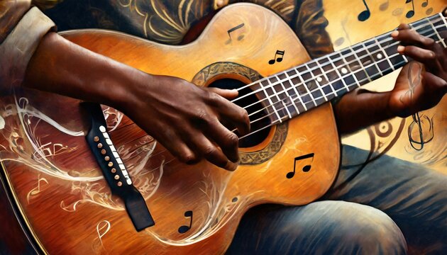 Close-up of musician's hands playing a vintage guitar art illustration