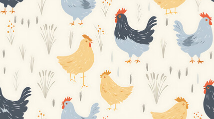 pattern with chicken, rooster and hen - Seamless tile. Endless and repeat print. - obrazy, fototapety, plakaty