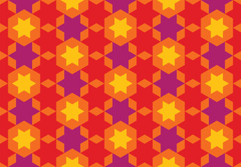 Seamless hexagon geometric pattern. Six-pointed star abstract background, colorful tones. Texture design for tile, cover, poster, flyer, banner, wall, backdrop, textile. Vector illustration.