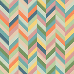 Seamless chevron pattern in retro style colors. Herringbone shape abstract background. Texture design for tile, cover, poster, flyer, banner, wall, backdrop, textile. Vector illustration.