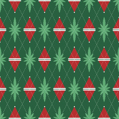 Abstract background seamless red and green diamond shape. Argyle style fabric pattern christmas hat and marijuana leaves. Texture design for textiles, clothes, posters, walls. Vector illustration.