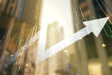 Multi exposure of abstract financial diagram and upward arrow on blurry cityscape background, rise...