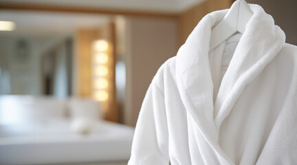 Close up of soft terry cloth spa bathrobe on the hanger - obrazy, fototapety, plakaty