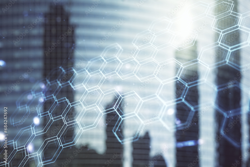 Poster abstract virtual wireless technology hologram with hexagon on office buildings background. big data 