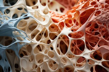 Abstract background. Organic structure resembling bone tissue or coral. The texture complex and porous with an intricate network of interconnecting cavities.  - obrazy, fototapety, plakaty