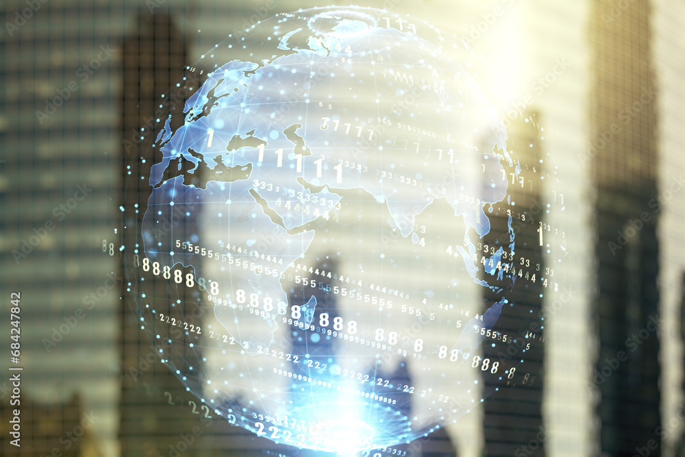 Poster multi exposure of abstract programming language hologram and world map on blurry cityscape backgroun