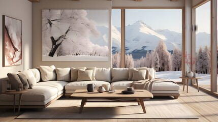 living area features a couch and a framed l shaped picture, in the style of vray tracing, light beige and beige