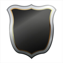Shield icon with shiny metal frame. Black protection, security, and defense symbol. Medieval design element. Vector shield icon