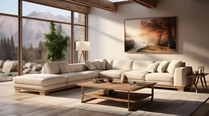 Fotobehang living area features a couch and a framed l shaped picture, in the style of vray tracing, light beige and beige © Muzikitooo