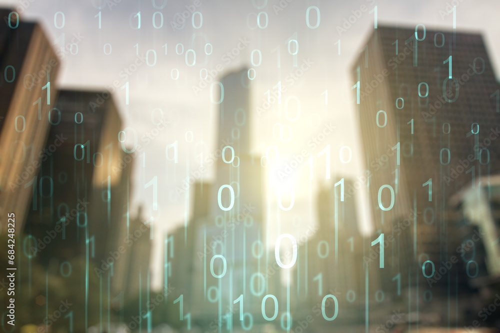 Leinwandbilder double exposure of abstract virtual binary code hologram on modern skyscrapers background. database 