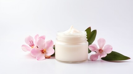 Obraz na płótnie Canvas whitening and moisturizing Face cream in an open glass jar and flowers on white background. Set for spa, skin care and body products and solutions for skin problems such as scars, acne, wrinkles.